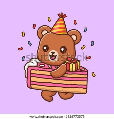Cute Bear With Birthday Cake Cartoon Vector Icon Illustration. Animal Food Icon Concept Isolated Premium Vector. Flat Cartoon Style