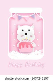 cute bear and birthday cake  in a jar with mini hears for birthday greeting card and postcard . paper cut and craft style .  