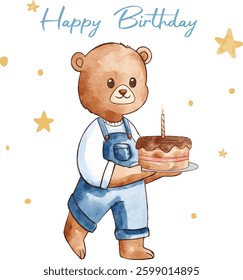 Cute Bear with Birthday Cake. Watercolor vector perfect for nursery, Birthday party, Print for invitation card