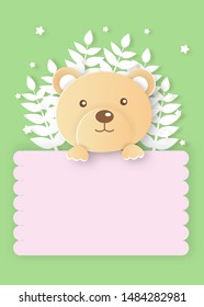A cute bear for birthday card , template card and greeting card  in paper cut and craft style .