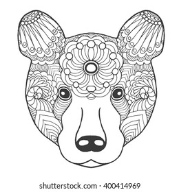 Cute bear. Black white hand drawn doodle animal. Ethnic patterned vector illustration. African, indian, totem, tribal, zentangle design. Sketch for coloring page, tattoo, poster, print, t-shirt