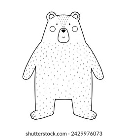 Cute bear in black and white for kids design. Outline forest character in cartoon style. Grizzly bear cub animal. Vector illustration