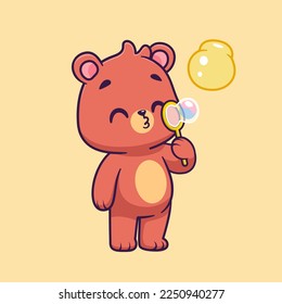 Cute Bear Blowing Honeycomb Bubble Cartoon Vector Icon Illustration. Animal Nature Icon Concept Isolated Premium Vector. Flat Cartoon Style