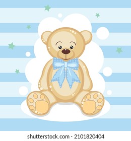 Cute bear with blue balloon and stars on blue striped background. For baby shower, posters, invitation, postcard, greeting card, labels.