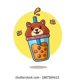 Cute Bear Boba Milk Tea With Bee Cartoon Vector Icon Illustration. Animal Drink Icon Concept Isolated Premium Vector. Flat Cartoon Style