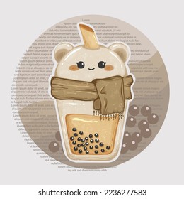 Cute Bear Boba Milktea wearing Scarf for Winter Theme Watercolor Clipart Illustration