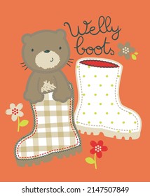  cute bear in boots cartoon vector illustration for print and other garment uses.