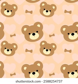 Cute bear, bow, heart, on orange background, fabric pattern, gift wrapping paper