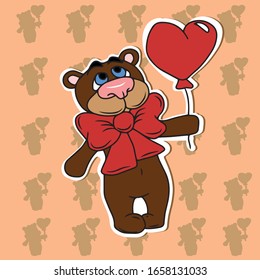 Cute bear with a bow on his neck and a ball in his paw sticker .Vector design for a holiday, banners and postcards.