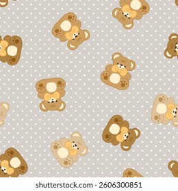 Cute bear with bow tie on a grey neutral seamless taexture with polka dot, kids background with kawaii animals.