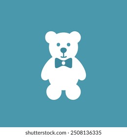 Cute bear with bowtie icon. Simple white teddy bear wearing a bowtie on a blue background. Perfect for a children's book or toy illustration.