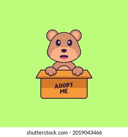 Cute bear in box with a poster Adopt me. Animal cartoon concept isolated. Can used for t-shirt, greeting card, invitation card or mascot.