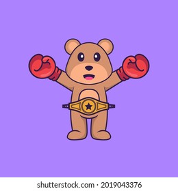 Cute bear in boxer costume with champion belt. Animal cartoon concept isolated. Can used for t-shirt, greeting card, invitation card or mascot.