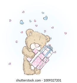 Cute bear and boxes with gifts. Vector illustration for a postcard or a poster. Clothes and accessories. Valentine's day, love.
