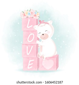 Cute bear and boxes with love hand drawn cartoon watercolor illustration