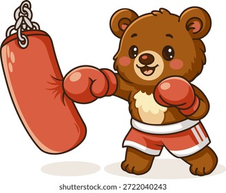 Lindo entrenamiento de boxeo de oso con saco de boxeo. Ilustración de deportes de oso de dibujos animados.