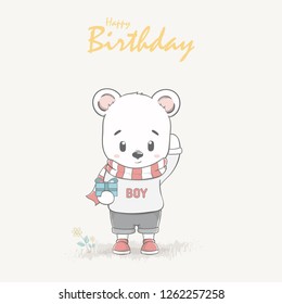 Cute bear boy cartoon Happy birthday greeting and invitation card. Vector Illustration.