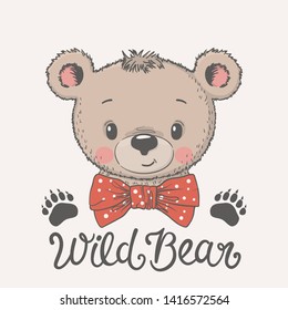 Cute bear boy face with bow tie. Wild Bear slogan