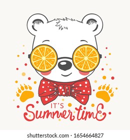 Cute bear boy face with orange sunglasses, footprint. Summer Time slogan. Vector illustration for children print design, kids t-shirt, baby wear