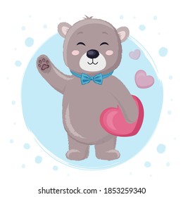 Cute bear boy with heart on blue background. Celebrate, Valentines, party, greeting card.
