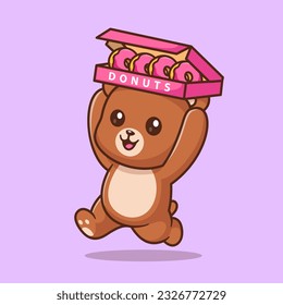 Cute Bear Bring Doughnut Cartoon Vector Icon Illustration. Animal Food Icon Concept Isolated Premium Vector. Flat Cartoon Style