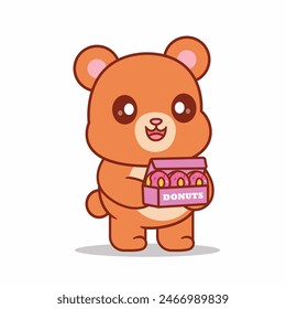 Cute Bear Bring Doughnut Cartoon Vector Icon Illustration. Animal Food