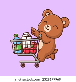 Cute Bear Bring Groceries With Trolley Cartoon Vector Icon Illustration. Animal Food Icon Concept Isolated Premium Vector. Flat Cartoon Style