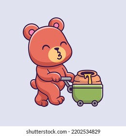 Cute Bear Bring Honey With Trolley Cartoon Vector Icon Illustration. Animal Food Icon Concept Isolated Premium Vector. Flat Cartoon Style