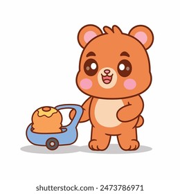 Cute Bear Bring Honeycomb With Trolley Cartoon Vector Icon Illustration. Animal Nature Icon Concept Isolated Premium Vector. Cartoon Style