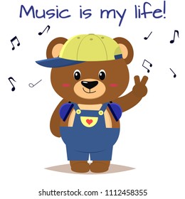 Cute bear a brown musician in a baseball cap, headphones and blue overalls stands with a raised hand in the style of cartoons. Vector illustration, a flat design.