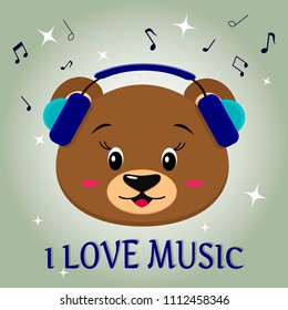 A cute bear is a brown musician, listening to music. Head in blue headphones in the style of cartoons. Vector illustration, a flat design.