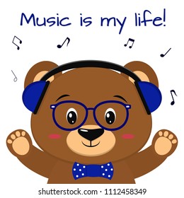 Cute bear is a brown musician, listening to music in blue headphones, glasses and a bow tie with raised paws, in the style of cartoons. Vector illustration, a flat design.