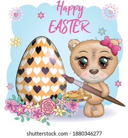 Cute bear with a brush and an ornate egg, phrase Happy Easter. Easter eggs, branches with leaves, flowers, greeting card