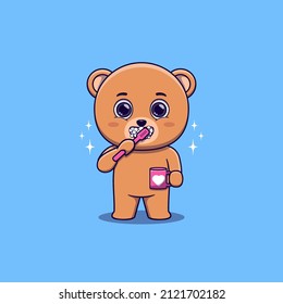 Cute Bear brushing teeth while holding mug