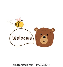 Cute bear with bubble speech and bee cartoon isolated on white background vector illustration.