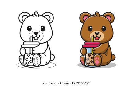 Cute bear with bubble tea cartoon coloring pages