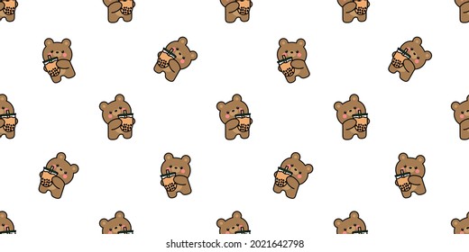 Cute bear with bubble tea cartoon seamless pattern, vector illustration