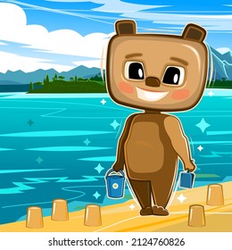 Cute Bear builds sand castles on the beach by the sea. Funny comic animal. Young cute Teddy cartoon style. Childrens clipart illustration. Vector.