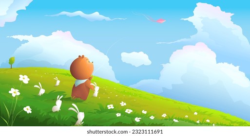 Cute Bear and Bunnies Flying Kite Wild Nature. Summer animals adventures scene, colorful illustration of summertime for children in watercolor style. Wildlife vector cartoon for kids.