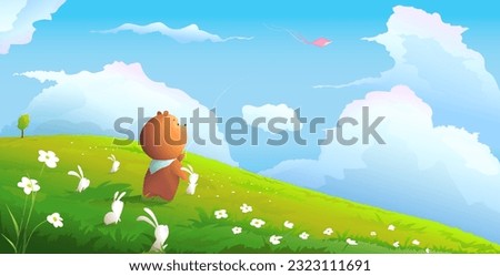 Cute Bear and Bunnies Flying Kite Wild Nature. Summer animals adventures scene, colorful illustration of summertime for children in watercolor style. Wildlife vector cartoon for kids.