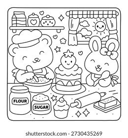 Lindo oso y conejito horneando pastel juntos – Página para colorear Kawaii para niños
