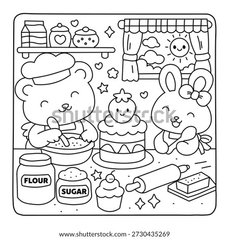 Cute Bear and Bunny Baking Cake Together – Kawaii Coloring Page for Kids