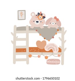 Cute bear and bunny in bedroom. Children's room with bunk bed, rainbow, pillows, frame with poster, garland. Childish vector illustration isolated on white background