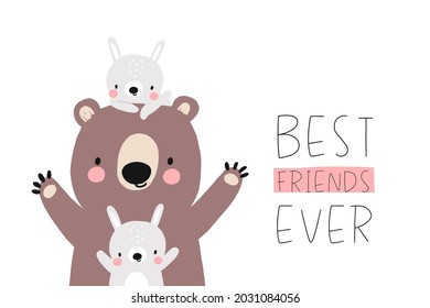 Cute bear and bunny - Best friends ever. Vector illustration cute animals friends characters
