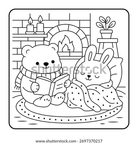 Cute Bear and Bunny by Fireplace | Cozy Winter Coloring Page for Kids