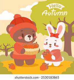 Cute Bear and Bunny Collecting Acorns in Autumn. Adorable Autumn Forest Scene with Bear and Bunny.