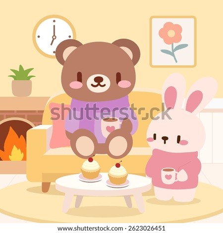 Cute Bear and Bunny Drinking Hot Cocoa Indoors. Kawaii Animals Enjoying Cupcakes and Warm Drinks in Cozy Living Room. Adorable Indoor Winter Scene with Bunny and Bear.