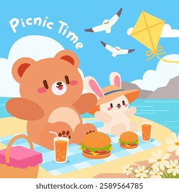 Cute Bear and Bunny Enjoying a Beach Picnic. A charming kawaii style illustration of a bear and bunny enjoying a beach picnic with burgers, drinks, and a kite flying in the sky.