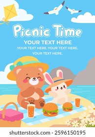Cute Bear and Bunny Enjoying a Beach Picnic. Adorable Summer Picnic Scene with Bear and Bunny.