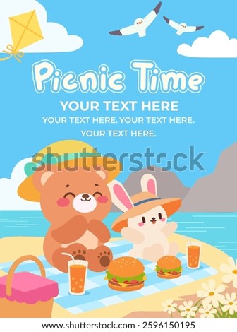 Cute Bear and Bunny Enjoying a Beach Picnic. Adorable Summer Picnic Scene with Bear and Bunny.